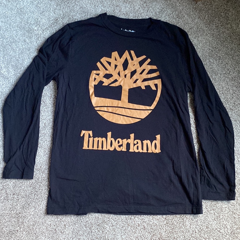 Timberland logo T-shirt, black long-sleeve tee with tan logo, size Large